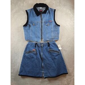 Vtg GoodFellows Collection Denim Set Vest Mini Skirt Juniors L Velvet Trim *Read